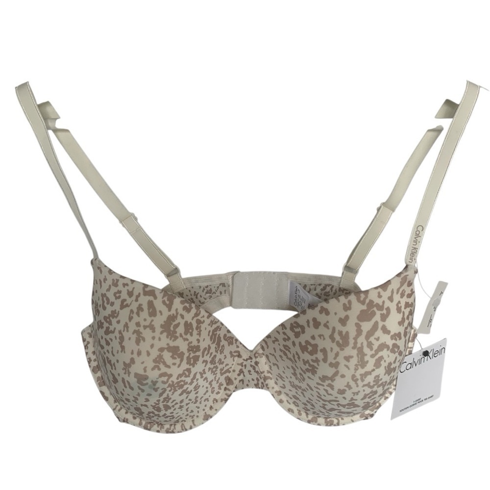 🆕 CALVIN KLEIN Bra 34C Designer T-Shirt Style Soft  Animal Print Cream & Beige